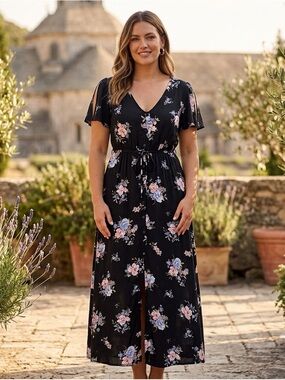 Black Floral V-Neck Maxi Dress with Pink and Blue Blooms
